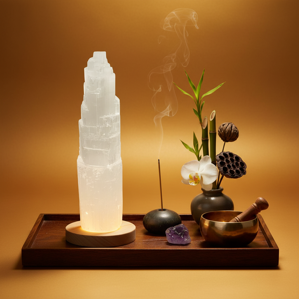 Torre selenita 20 cm sobre base led en altar con drusa de amatista cuenco tibetano y jarron con flores sobre fondo dorado